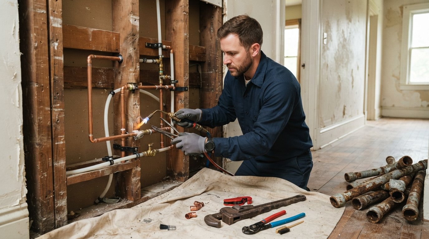 Plumber in navy uniform and gloves installs copper and PEX supply lines in an open wall cavity beside removed galvanized…