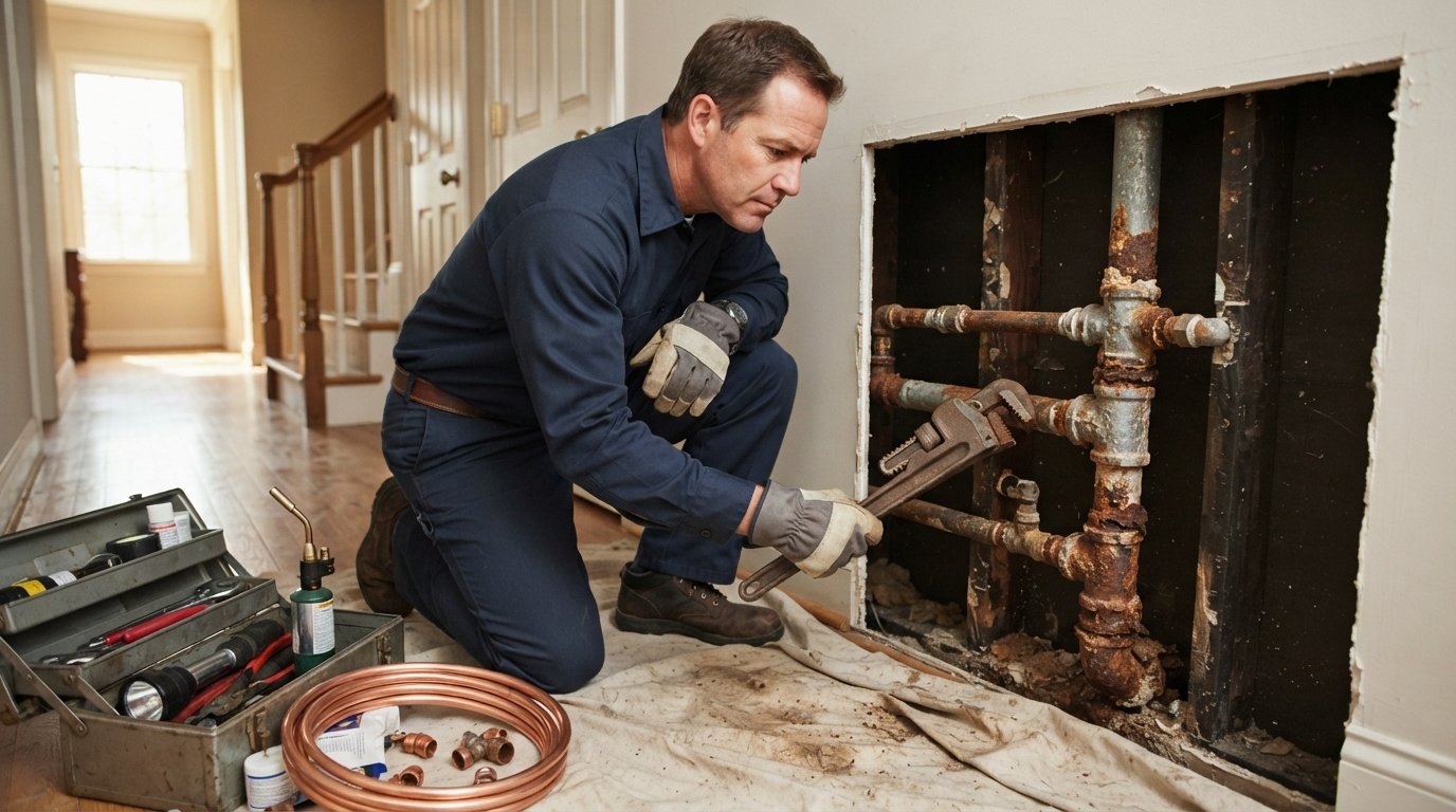Plumber in navy uniform kneeling by an open wall panel, inspecting rusted galvanized steel pipes with a pipe wrench