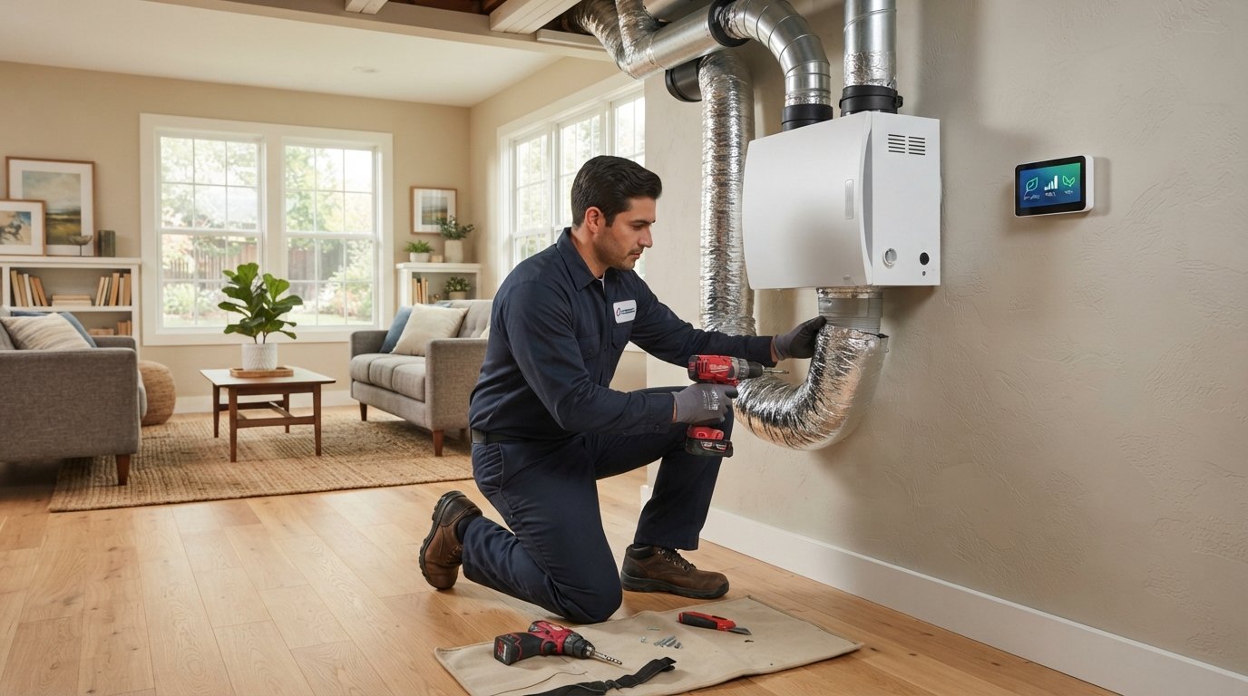 HVAC technician in navy uniform kneeling beside a wall-mounted ventilation unit, connecting ductwork with a cordless drill…