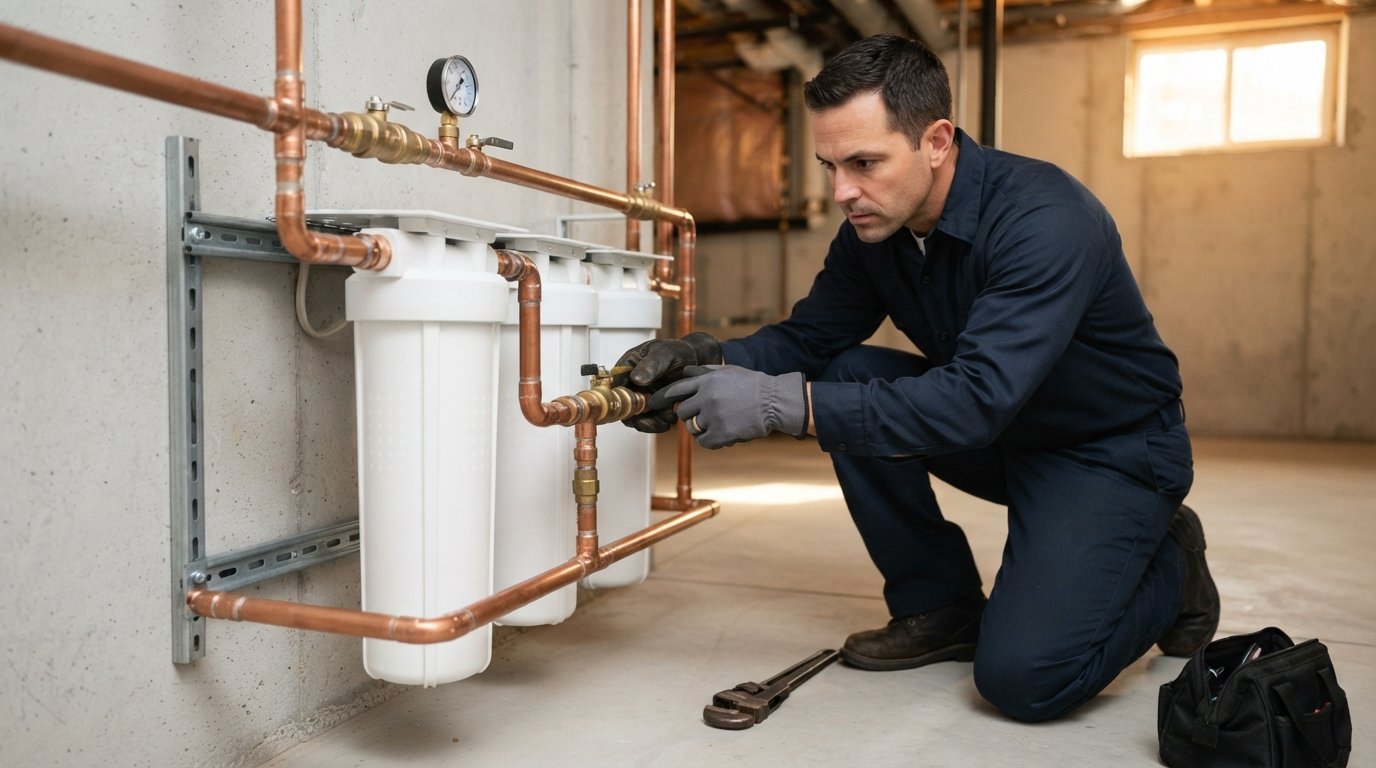 Plumbing technician in navy uniform kneeling beside three white filter tanks mounted on a bracket, inspecting a shutoff…