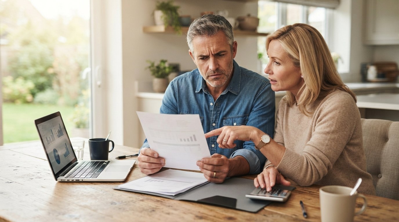 Middle-aged couple at a kitchen table reviewing an insurance quote, the man holding a document with a concerned look as the…