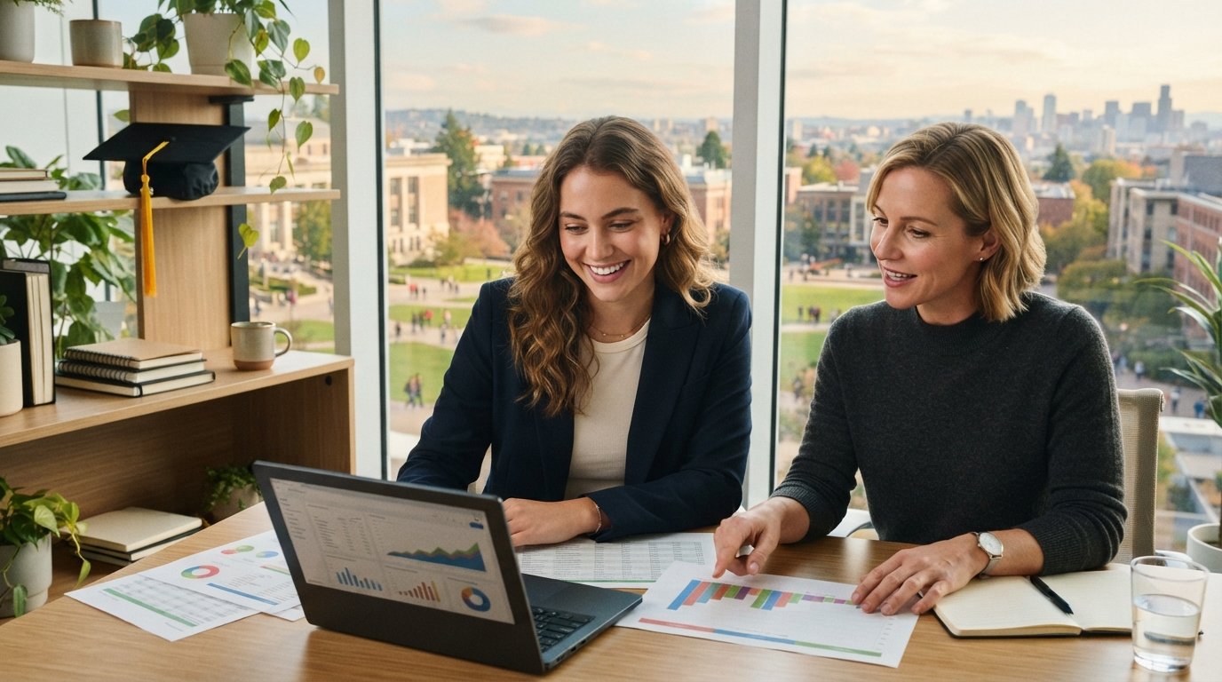 Young professional in a blazer and mid-career colleague review charts and a laptop at a bright desk, with a graduation cap…