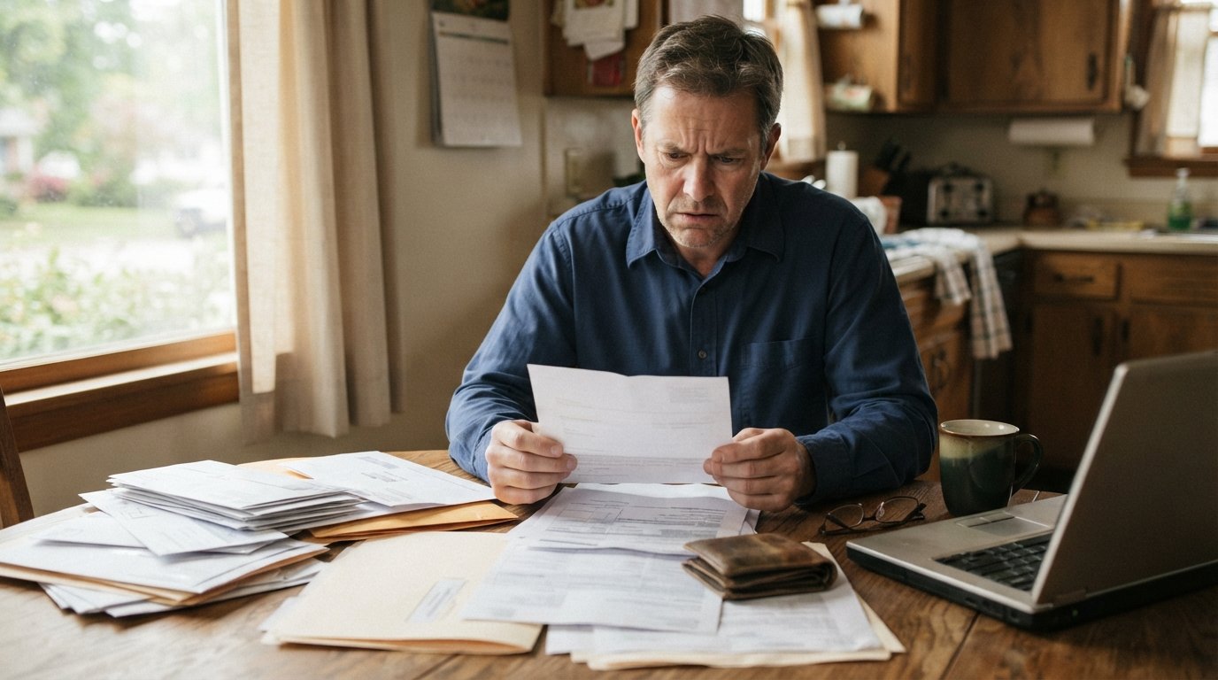 Worried middle-aged man in a button-down shirt holds a denial letter at a kitchen table covered with medical paperwork,…