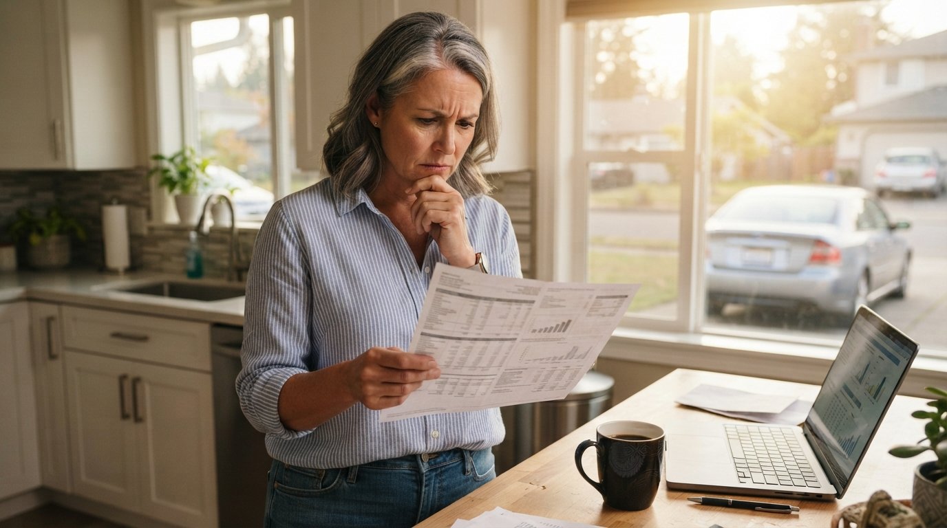 Concerned middle-aged driver in a button-down shirt examines an opened insurance renewal bill at a kitchen counter, with a…