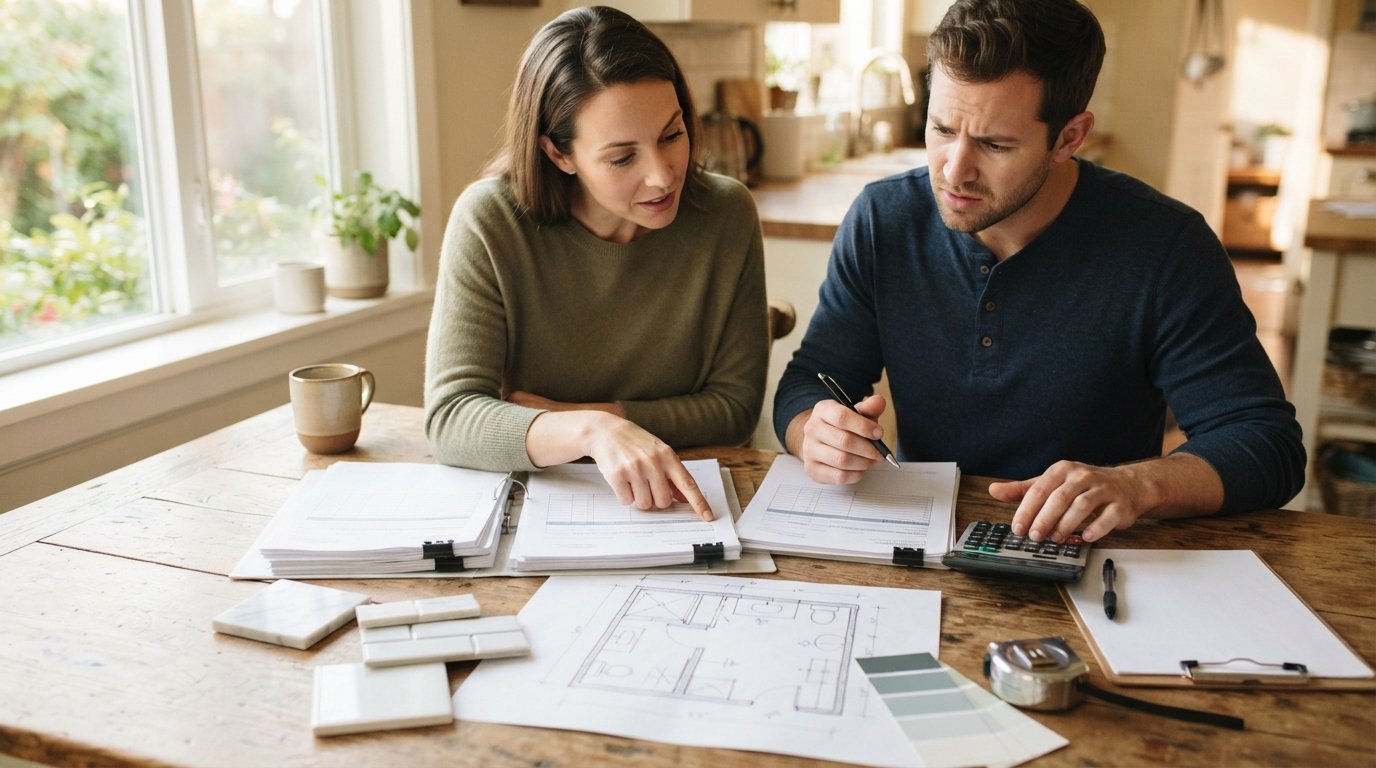 Couple at a wooden table reviewing three stacks of contractor estimates with a floor plan sketch, calculator, and material…