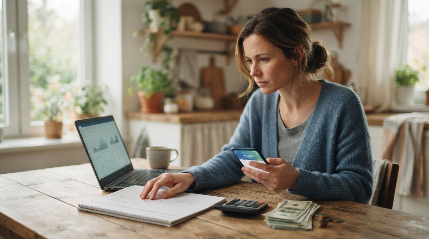 Person at a kitchen table with a laptop, calendar marked at payday, smartphone showing a banking app balance, calculator,…