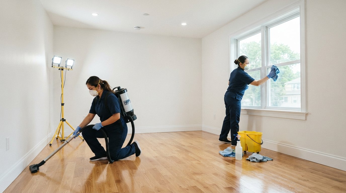 Two technicians in navy uniforms and respirator masks vacuum baseboards and wipe window sills in a bright, newly renovated…
