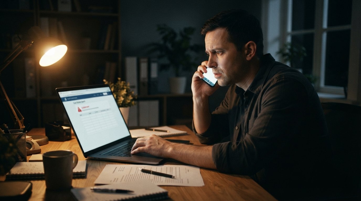 Person at a desk at night looking at a laptop showing a blank docket search, holding a phone beside a legal document