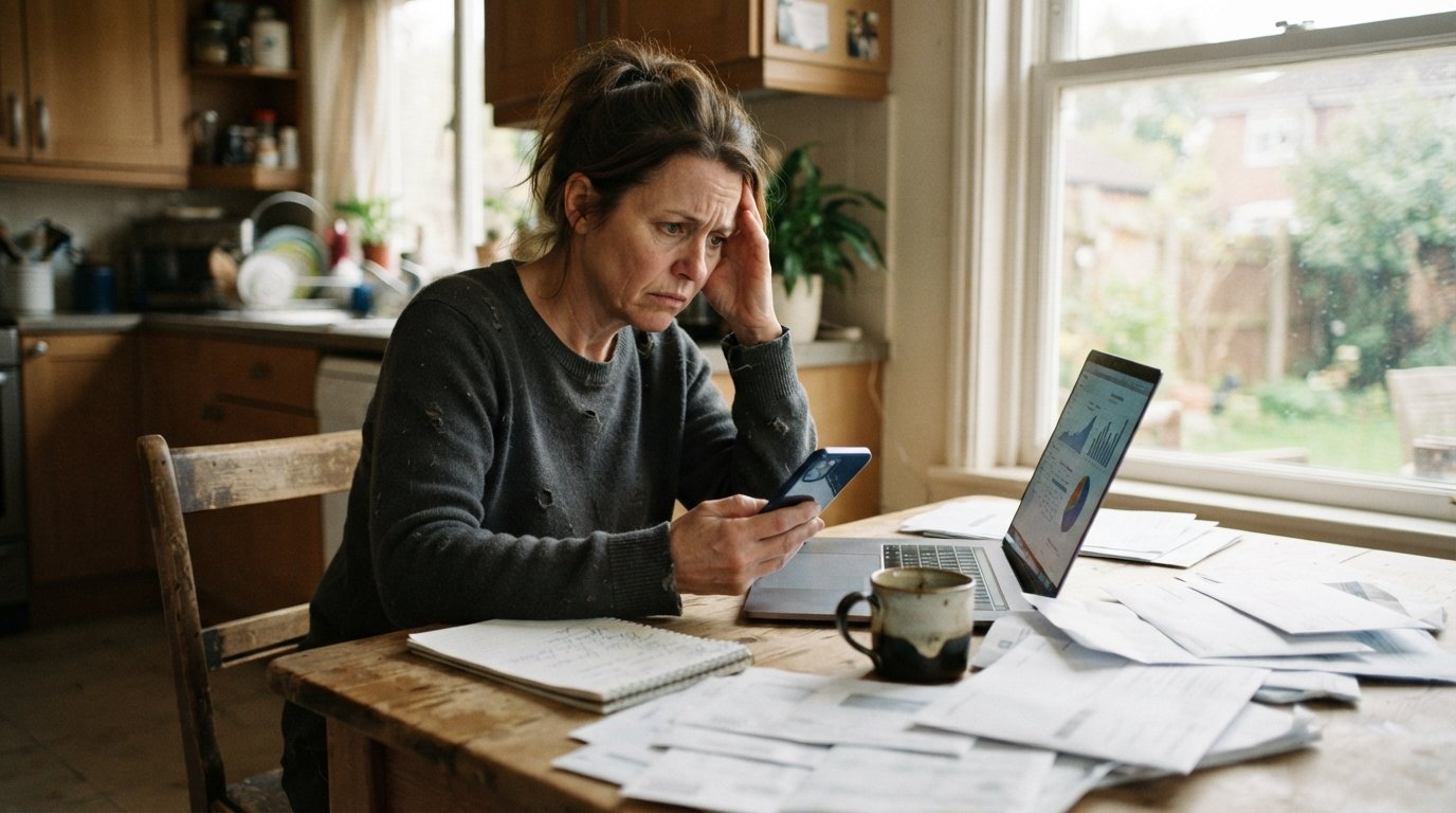 Concerned adult at a kitchen table holding a smartphone while looking at a laptop, with unpaid bills, a coffee mug, and a…