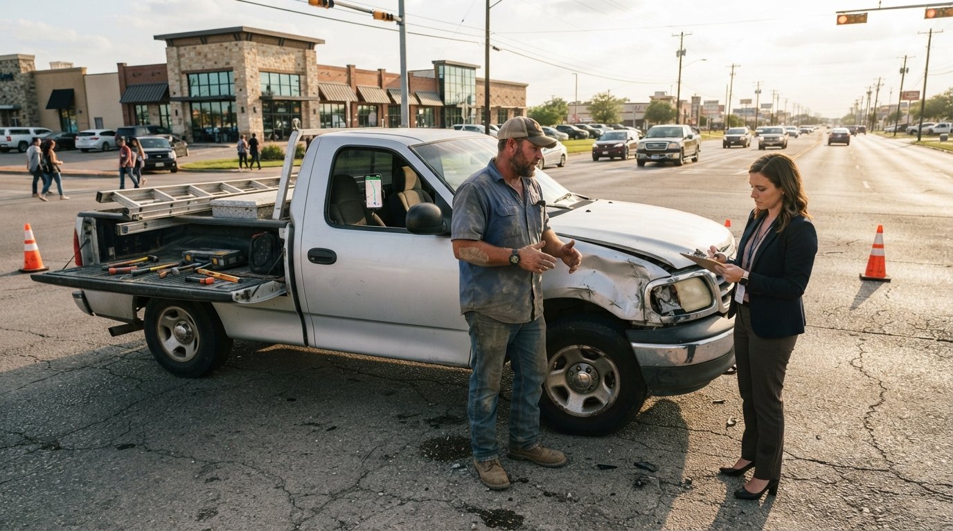 Texas contractor in dusty work shirt stands beside damaged silver pickup with crumpled front fender, ladder and tools in…