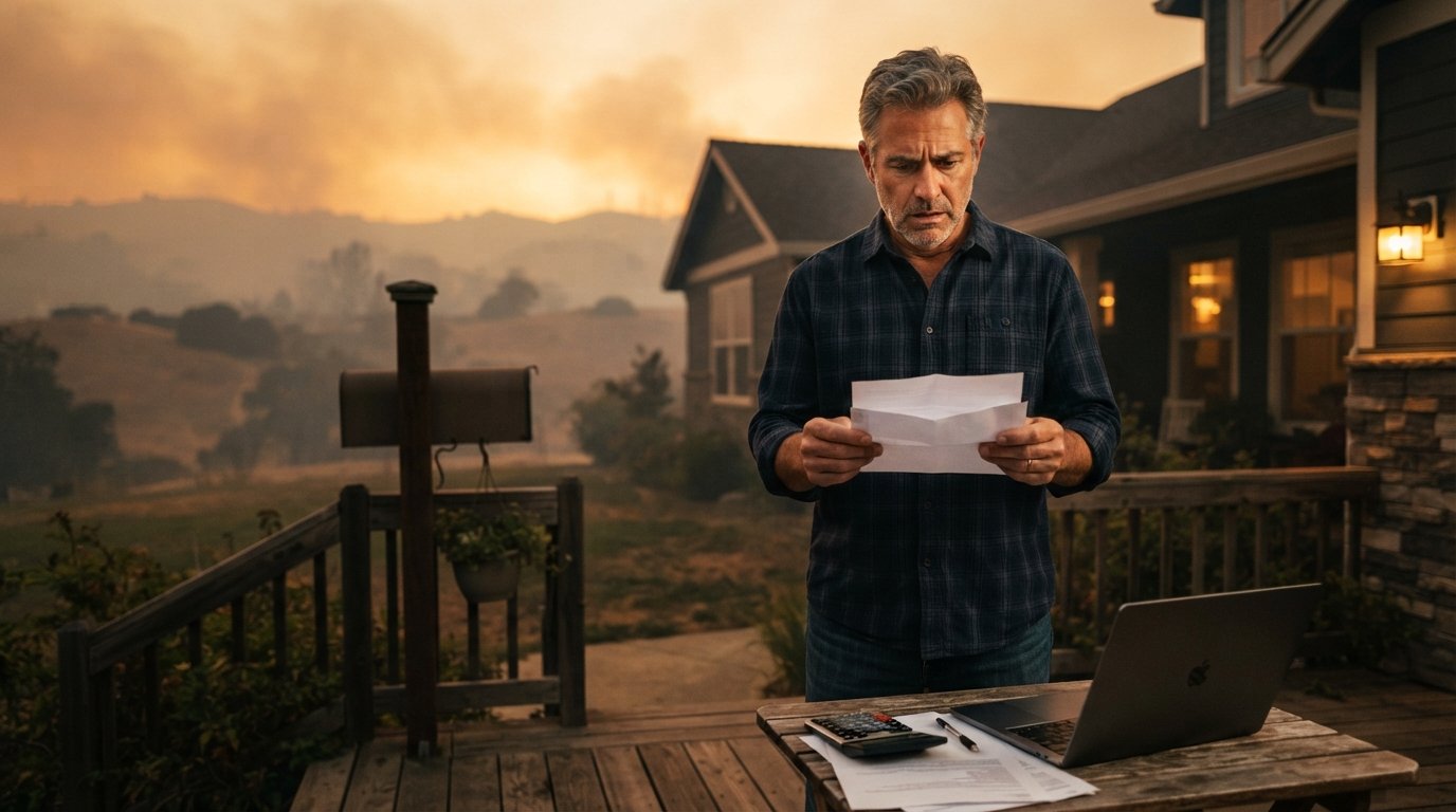 Worried homeowner on a wooden porch at dusk reading an opened envelope near a mailbox, laptop, and calculator, with orange…
