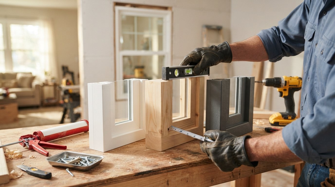 Gloved hands check a wood window frame sample with a level beside white vinyl and gray fiberglass frames on a workbench.