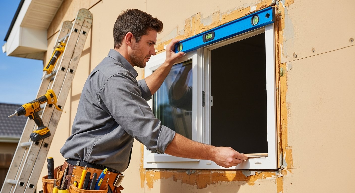 Contractor in gray shirt and tool belt leveling a white vinyl window frame in a residential wall opening