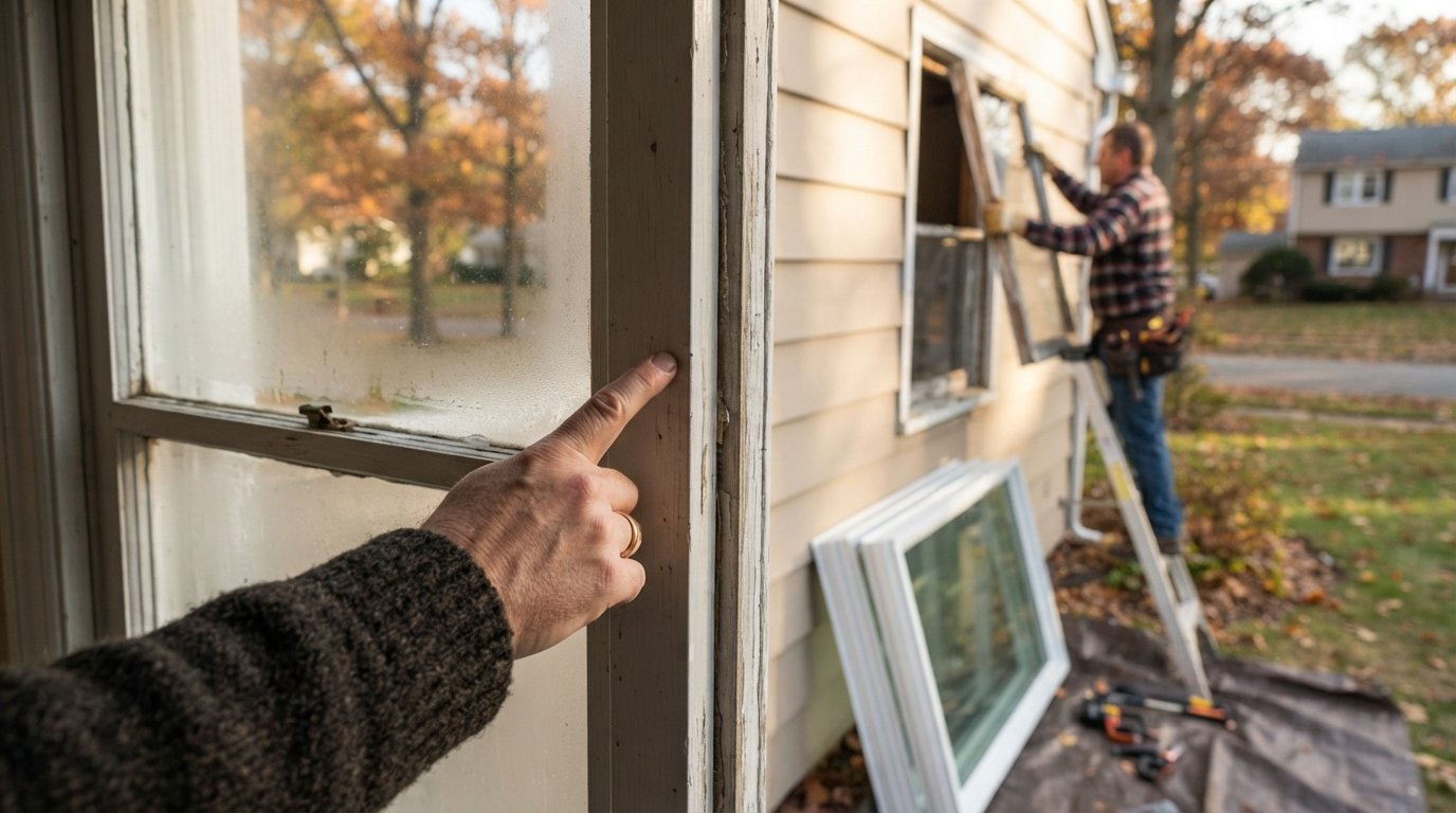 Hand pressed against a foggy single-pane window frame on a chilly morning, with a contractor on a ladder outside removing…