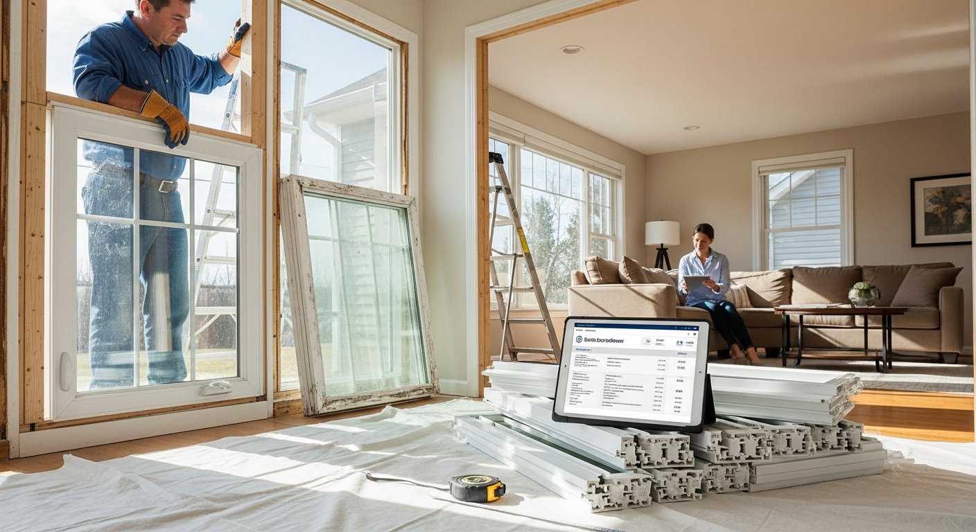 Contractor in blue shirt and gloves fits a white vinyl double-hung window into a wooden frame while a homeowner reviews…