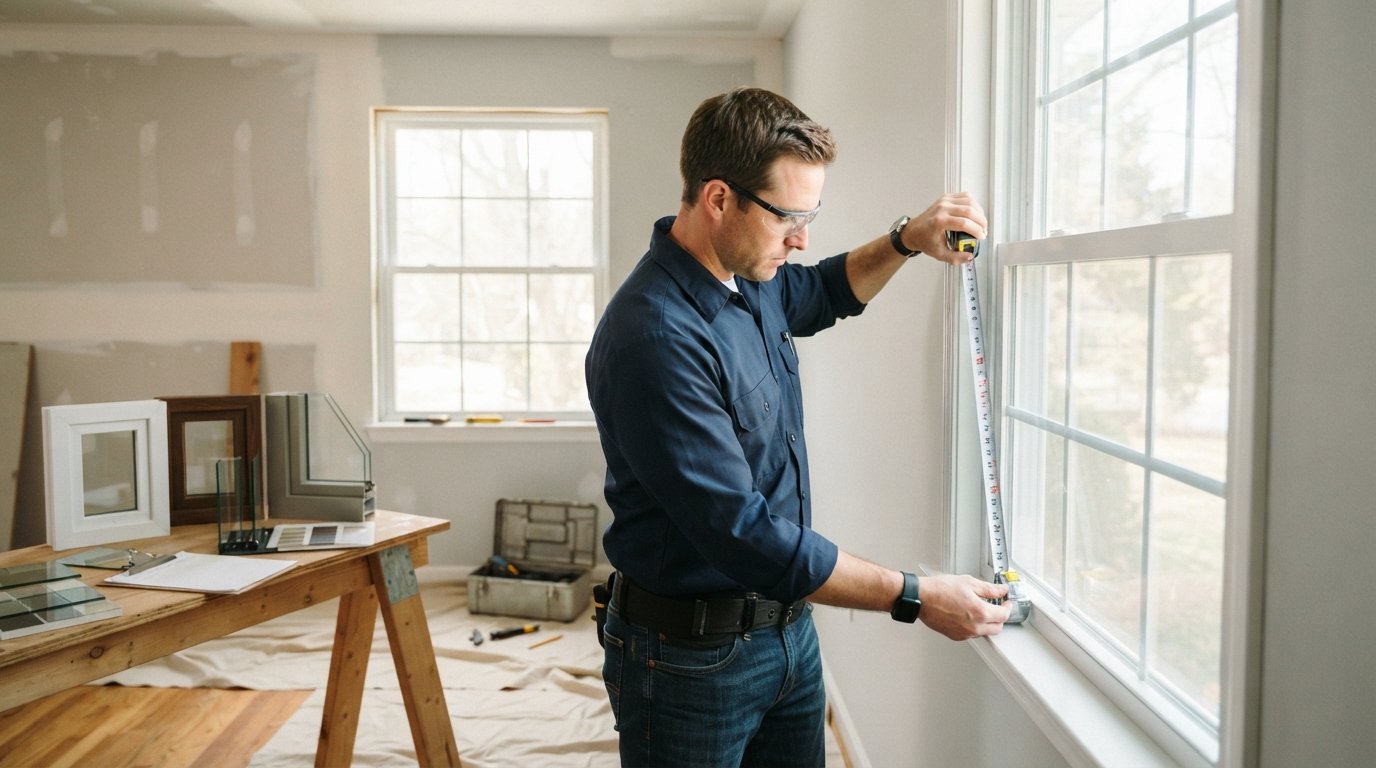 Contractor in navy shirt and safety glasses measuring a vinyl double-hung window with a tape measure in a bright room