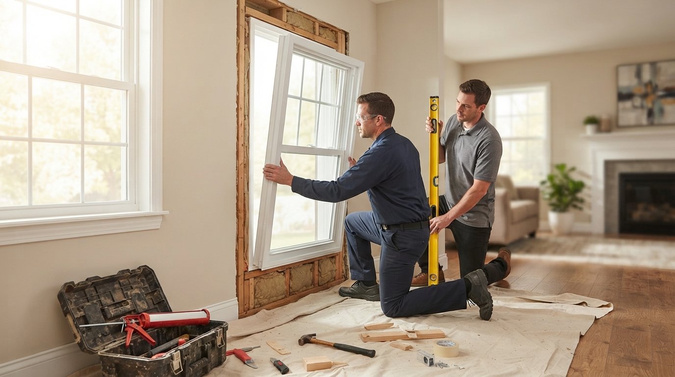 Contractor in navy shirt installing a white vinyl double-pane window while a worker holds a level against the frame