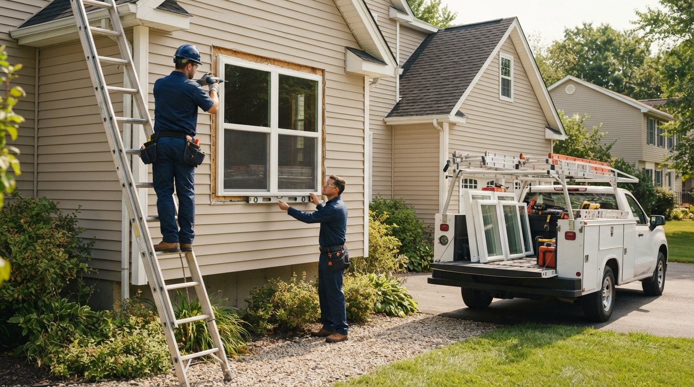 Two installers in navy uniforms fit a large vinyl replacement window as one levels the sill and the other secures the frame…