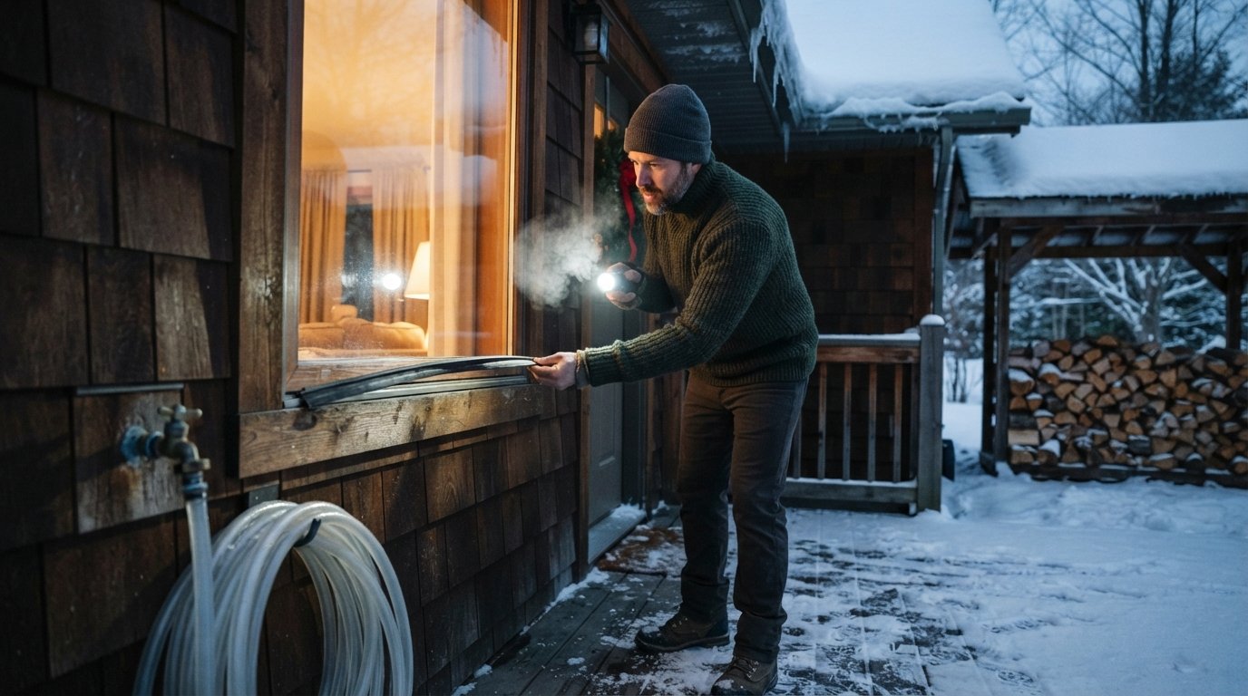 Person in winter gear using flashlight to check window seal on snow-dusted porch at dusk, warm light from inside