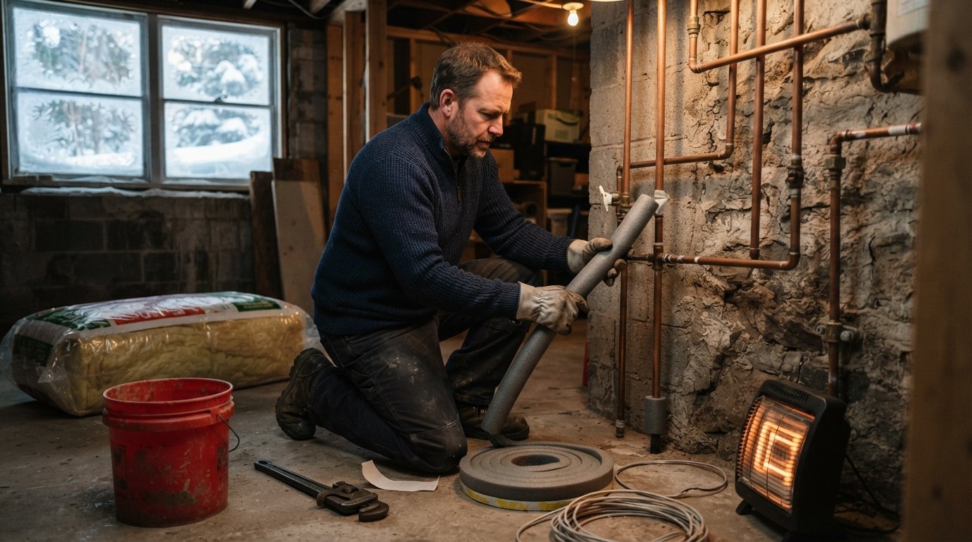 Person in navy sweater and gloves wraps foam insulation around copper pipes in a basement, with tools and a space heater…
