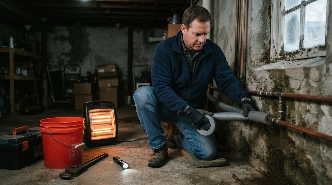 Homeowner in work gloves kneeling to wrap foam insulation around a copper pipe in a cold basement