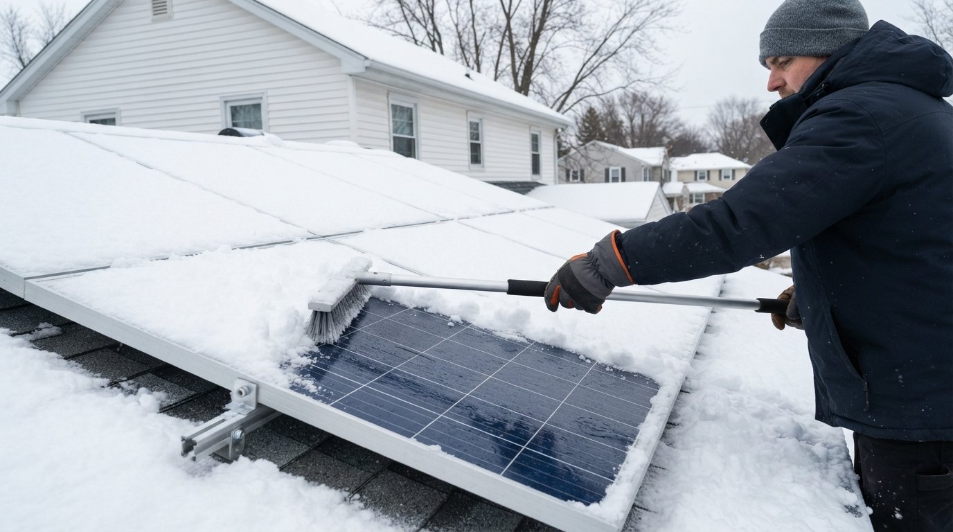 Gloved hand using a soft-bristled roof rake to clear fresh snow from a dark blue solar panel on a residential rooftop
