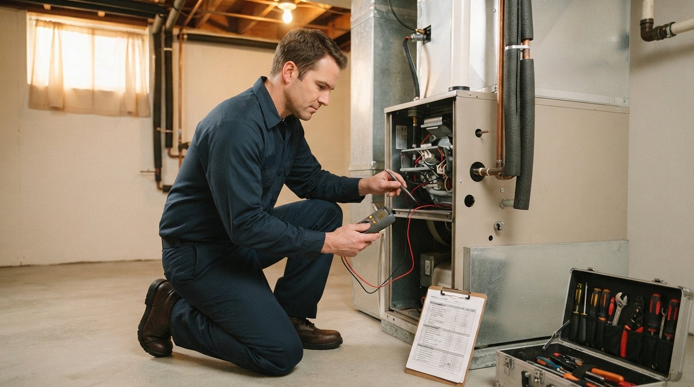 HVAC technician in navy uniform kneeling beside a residential furnace, testing it with a digital multimeter in a basement…