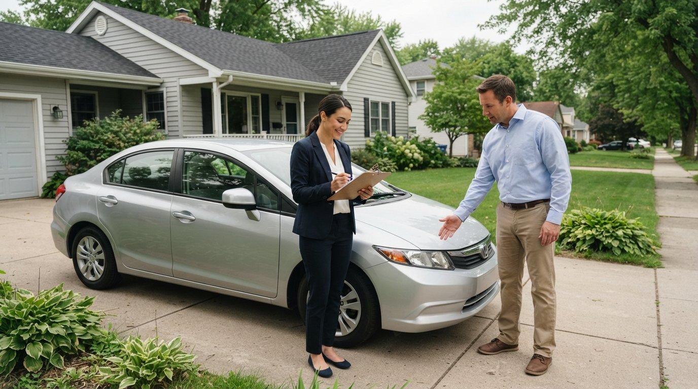 Woman with clipboard and insurance agent in light blue shirt reviewing paperwork beside a silver sedan parked in a…