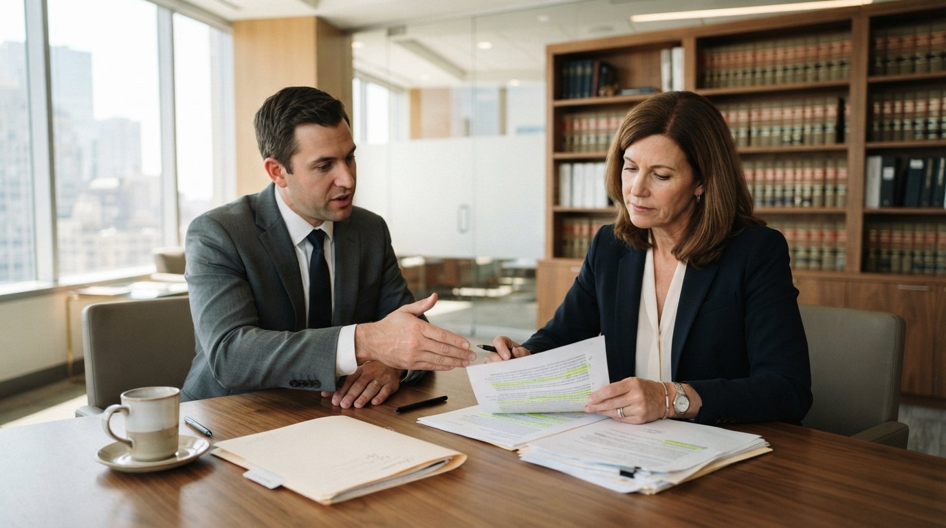 Woman in a navy blazer reviews a printed witness statement at a wooden table as an attorney in a gray suit gestures toward…