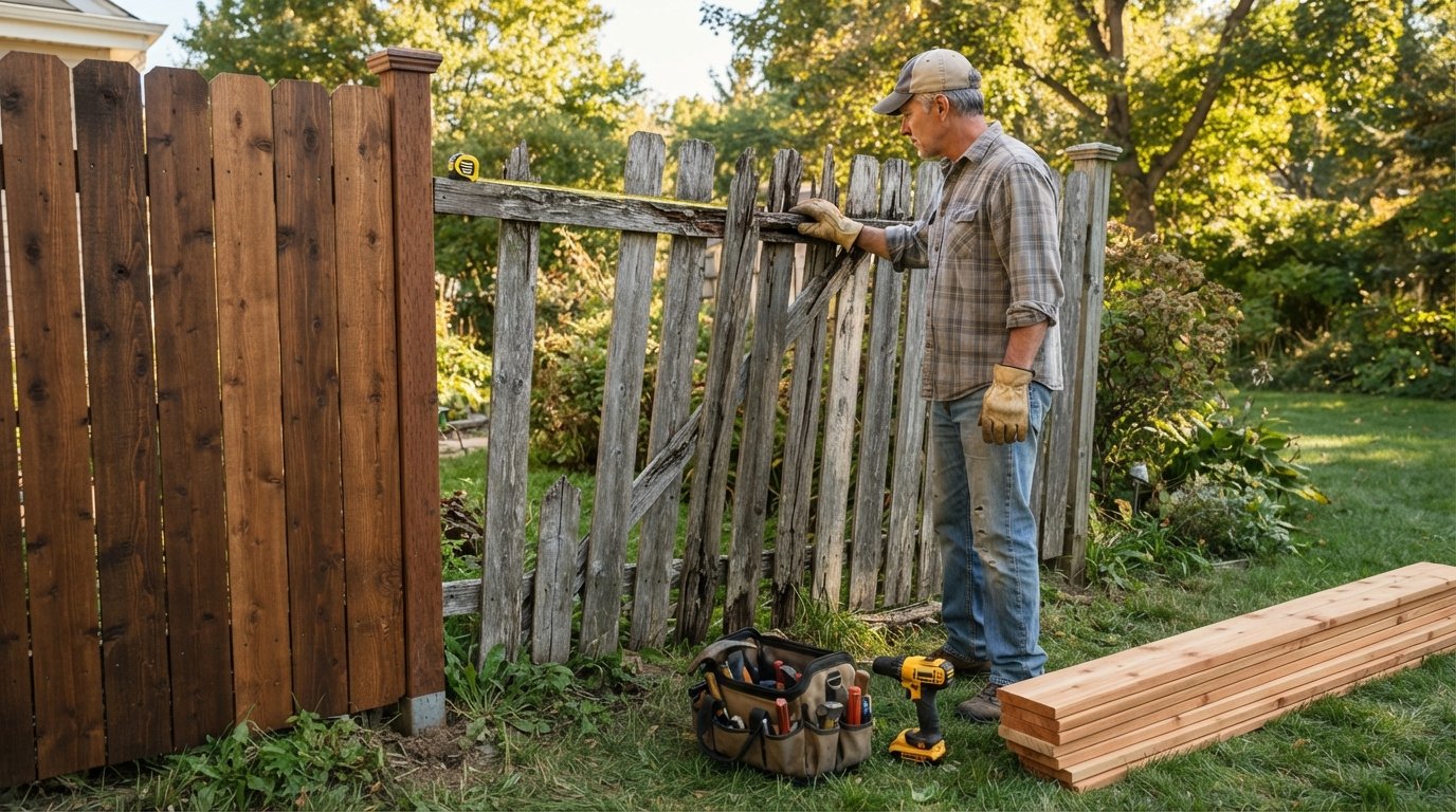 Homeowner in work clothes and gloves examines cracked, leaning wood fence pickets in a sunny backyard, with new cedar…