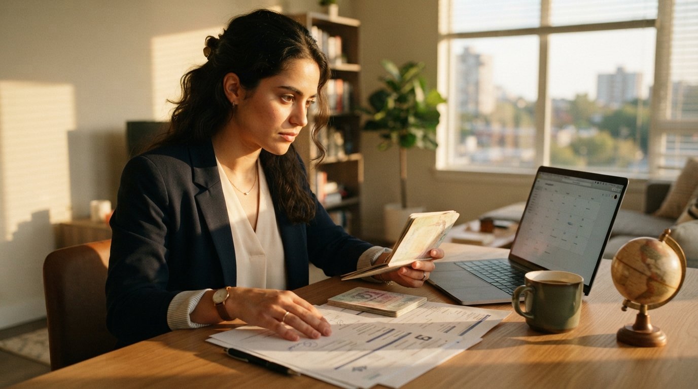 Graduate in a navy blazer reviews a passport and documents at a sunlit desk with a laptop, globe, and coffee mug