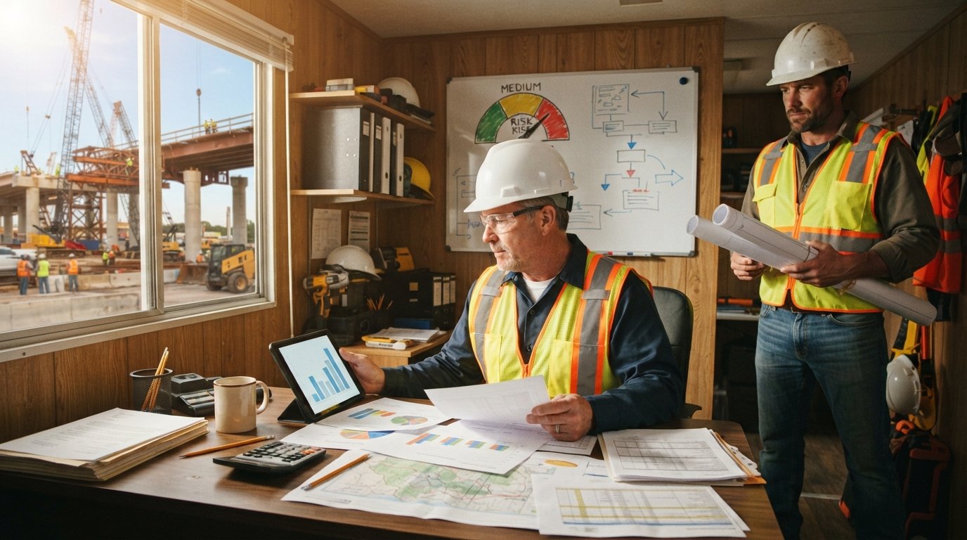 Contractor in hard hat and safety vest reviews bid paperwork and a tablet showing a bar graph while a foreman holds…