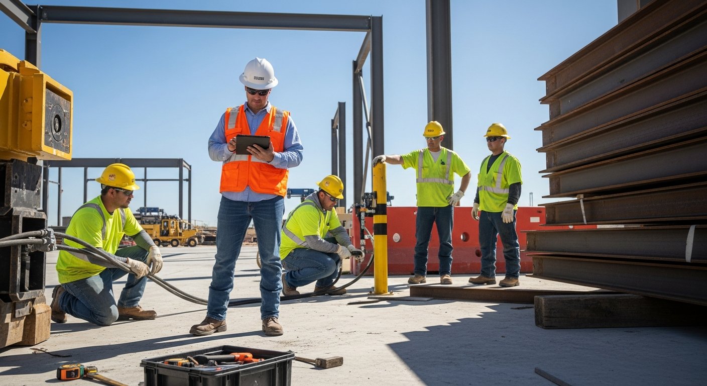 Supervisor in white hard hat and orange vest reviews a tablet while workers inspect heavy machinery at a Texas construction…