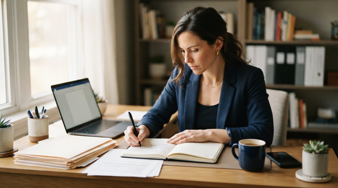 Woman in navy blazer writing dated notes in a journal at a home office desk with a laptop, manila folders, and printed emails