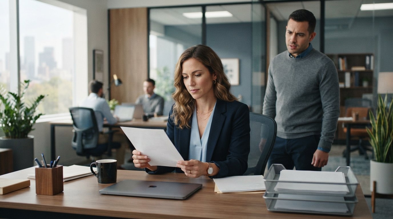 Woman in navy blazer reviewing a document at an office desk while a male coworker stands in the background