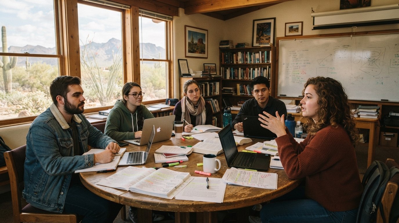 Diverse students around a circular wooden table with notebooks, laptops, and marked essay drafts in a sunlit campus writing…