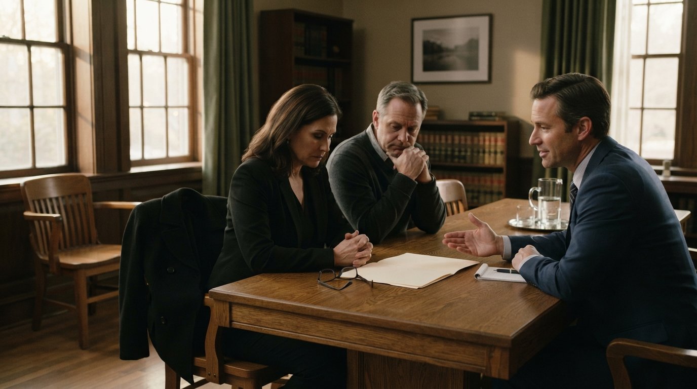 Grieving woman and man reviewing a manila folder with an attorney across a conference table in a softly lit office