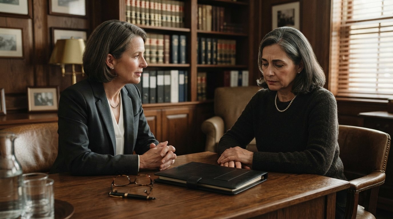 Attorney in dark suit sits across a wooden desk from a grieving family member in muted clothing, with a closed legal…