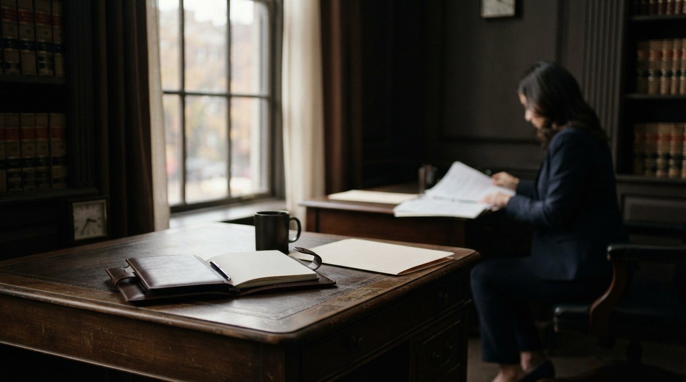 Softly lit law office desk with an open leather planner, a wall clock, and a closed file folder, with a blurred figure in…
