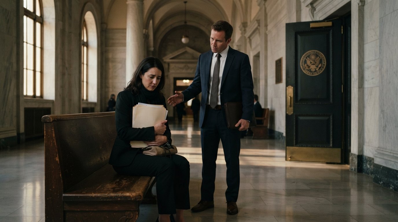 Woman in black suit holding paperwork on a bench beside an attorney pointing toward a closed courthouse door in a marble…