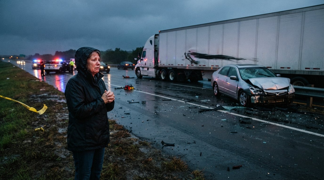 Crushed silver sedan against a guardrail beside a jackknifed white semi-truck on a wet highway at dusk, with police tape…
