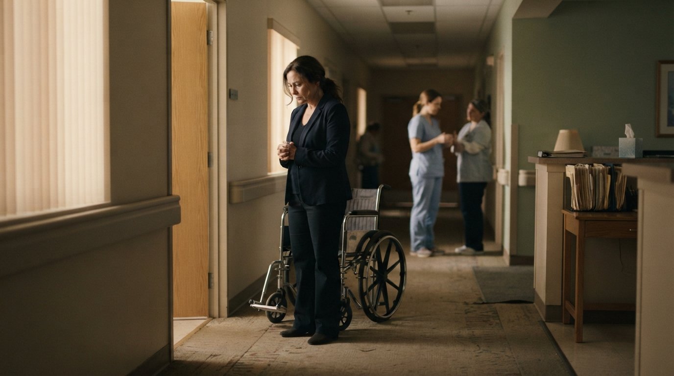 Grieving person in a dark blazer stands with clasped hands beside an empty wheelchair in a dim nursing home hallway as a…