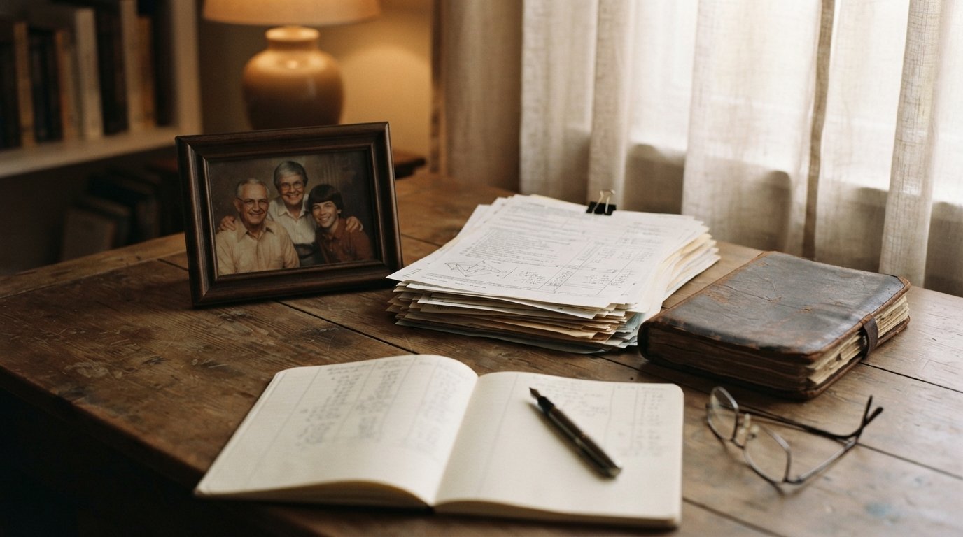 Framed family photo beside financial documents, a closed leather ledger, reading glasses, and a notebook with handwritten…