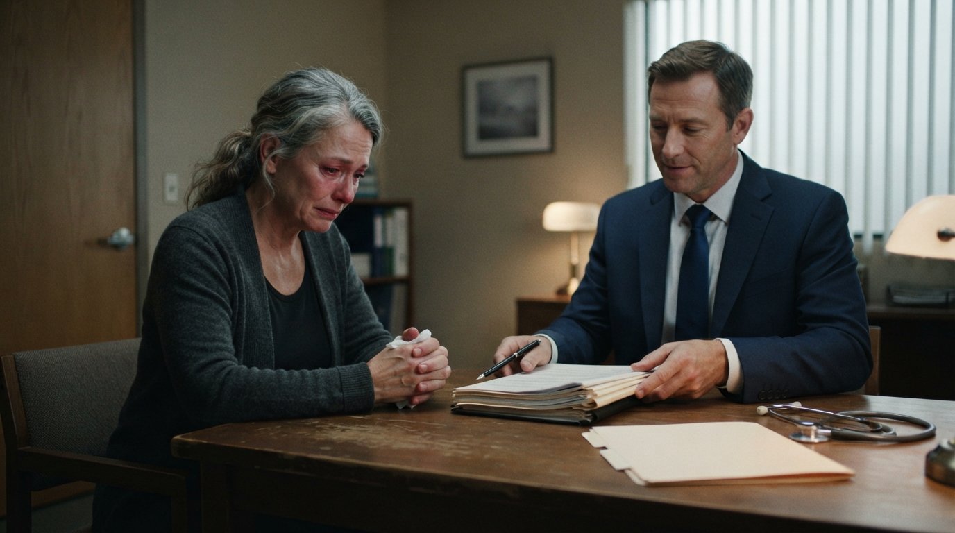 A grieving woman holds a tissue while a lawyer slides medical records across a table in a quiet consultation room