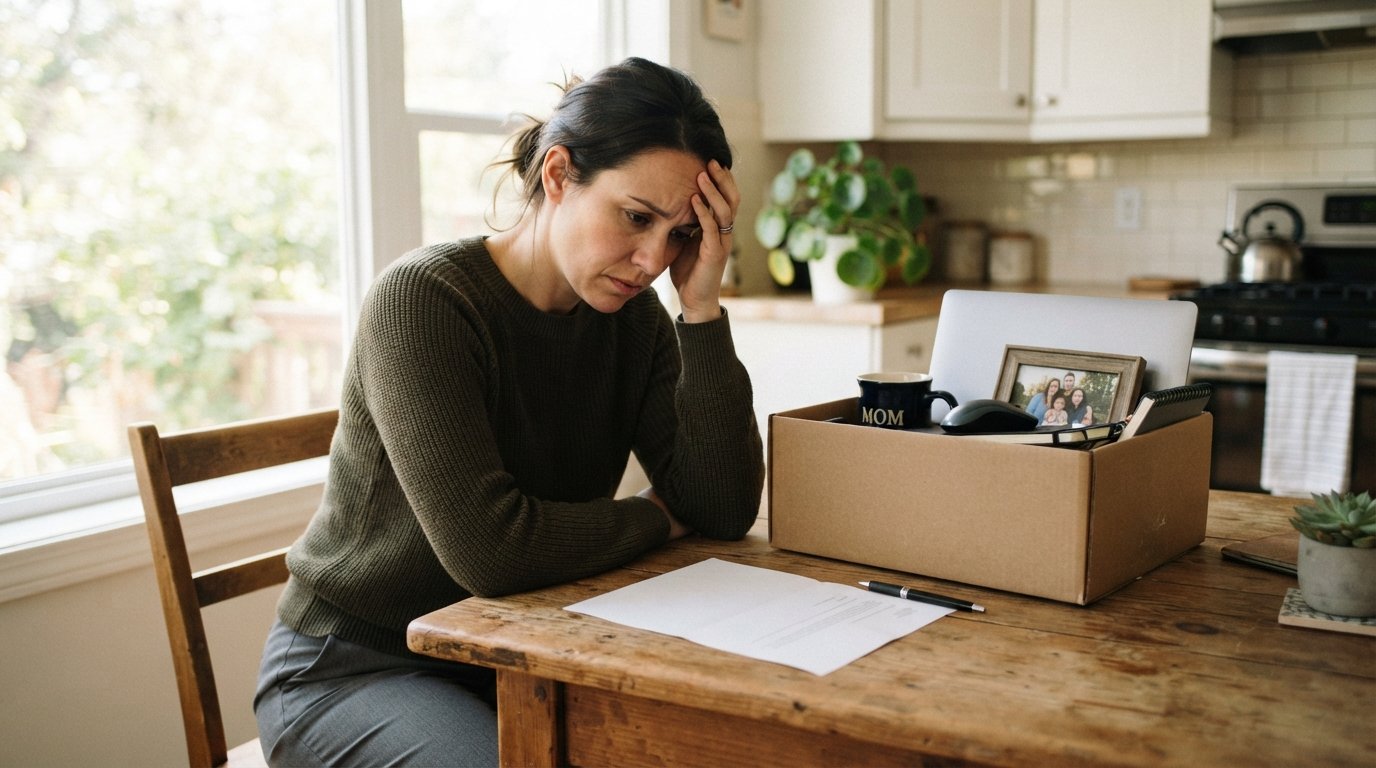 Business-casual worker sits at a kitchen table beside a cardboard box of office items, head in hand, with documents and a…