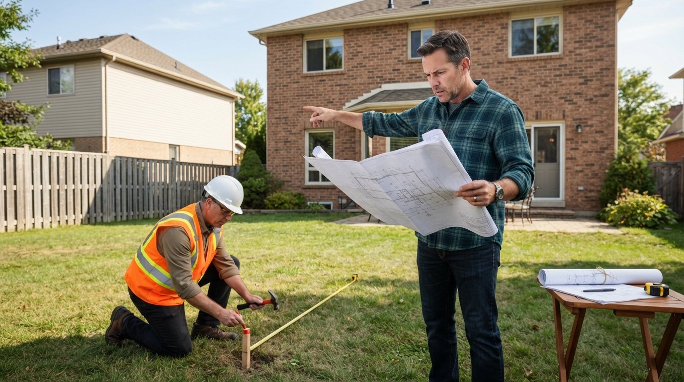 Homeowner in plaid shirt holding blueprints while a surveyor marks a property line stake near a brick house with a proposed…