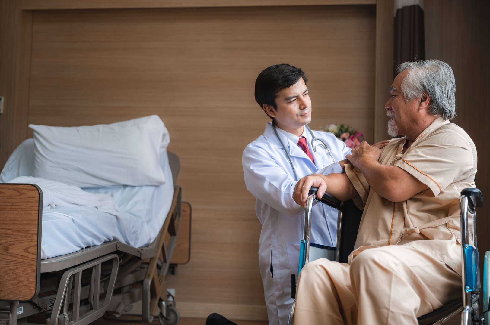 senior elderly patient visit doctor for health care checkup at hospital, health insurance concept