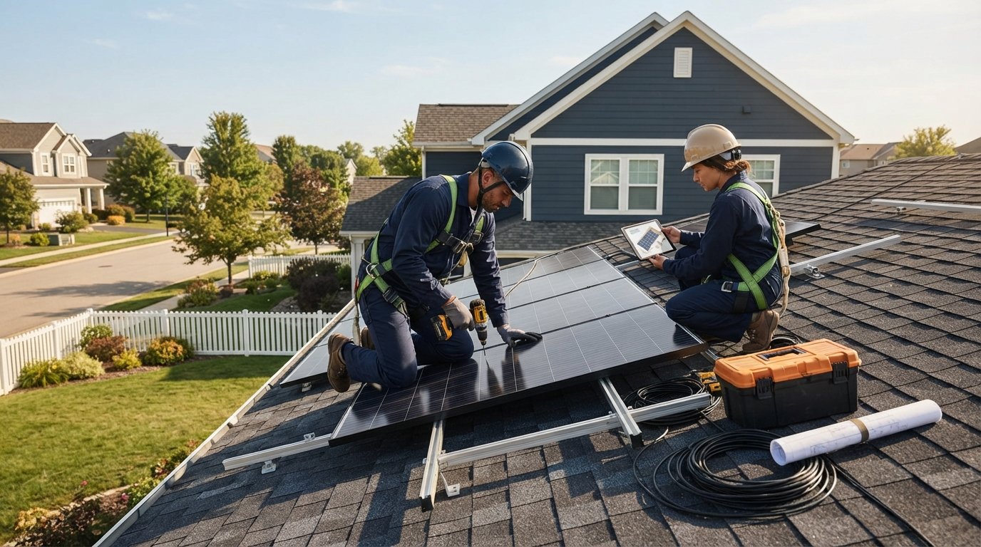 Solar contractor in navy uniform and helmet drills a photovoltaic panel onto a roof mount as another installer checks a…