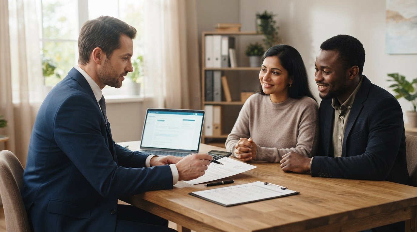 Financial advisor in a navy suit reviews loan documents with a calculator at a desk, while a couple looks on in a bright…
