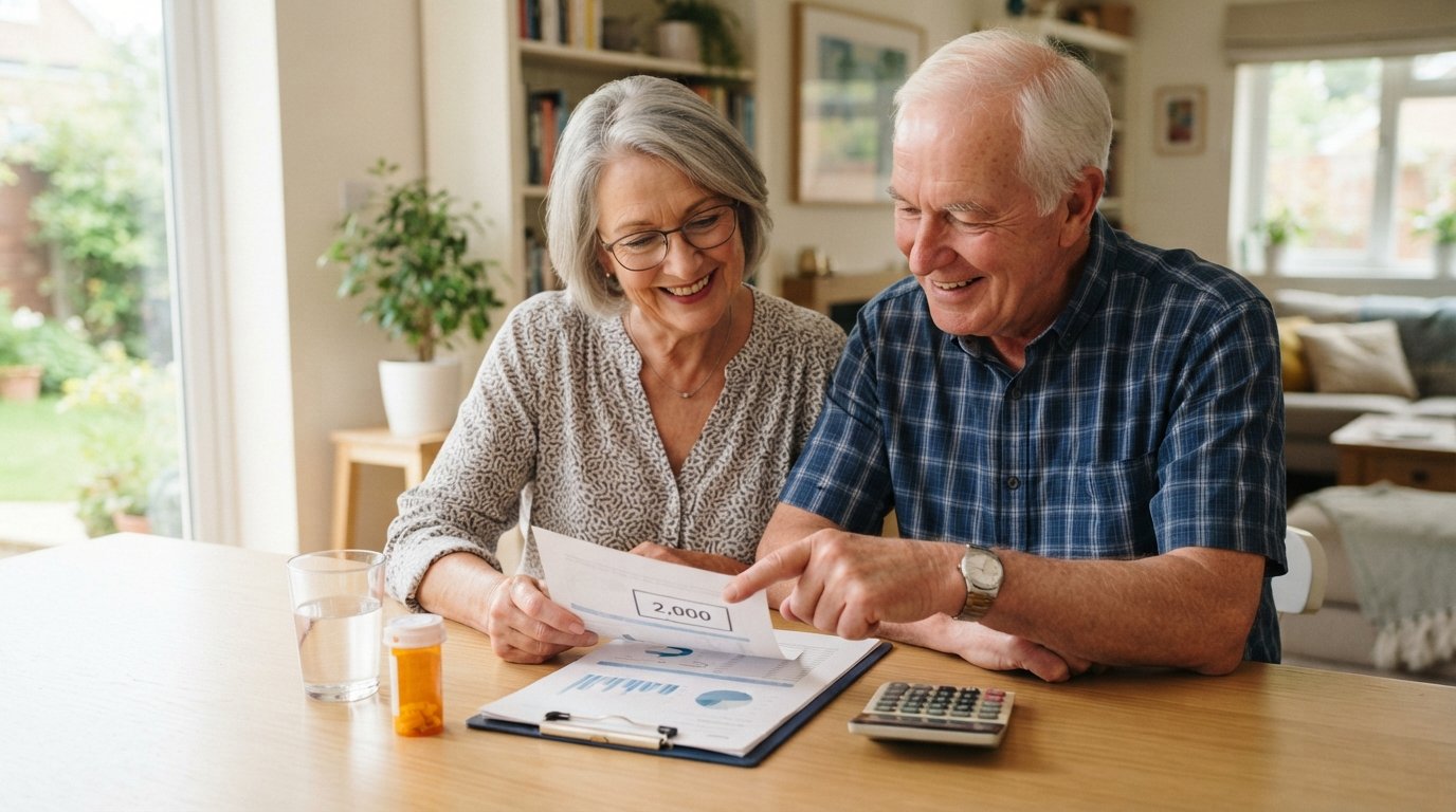 Senior couple at a kitchen table reviewing printed Medicare drug plan documents with a calculator and prescription bottle…